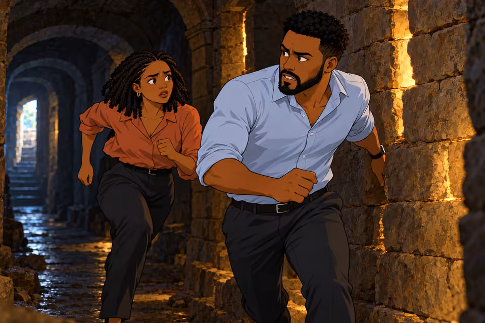 Timi and Kemi flee through the hidden passages.