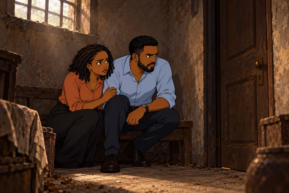 Timi and Kemi huddle in their dim temporary refuge.