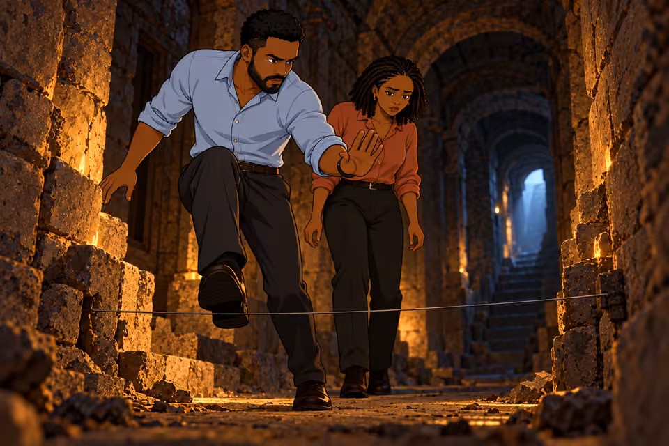 Timi and Kemi carefully avoid a trap in the corridor.