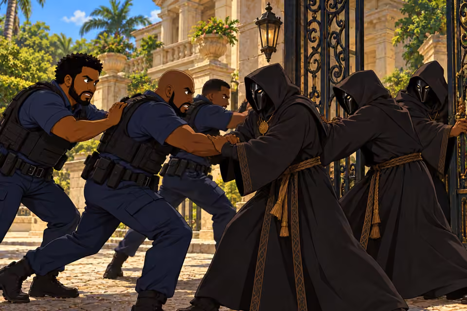 Police clash with cult members as the raid begins.
