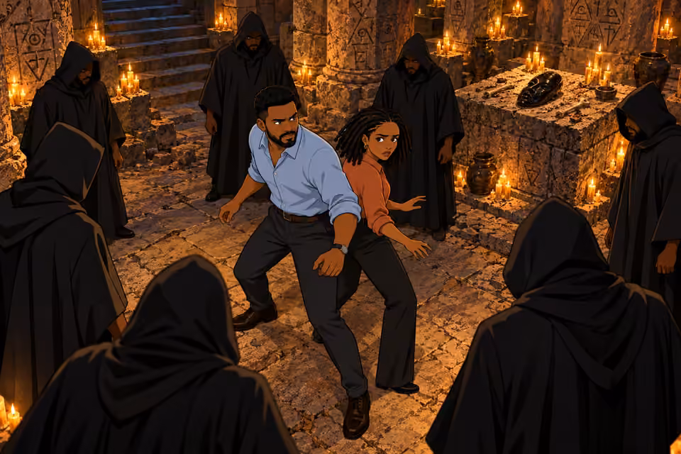 Cult members corner Timi and Kemi inside the underground chamber.