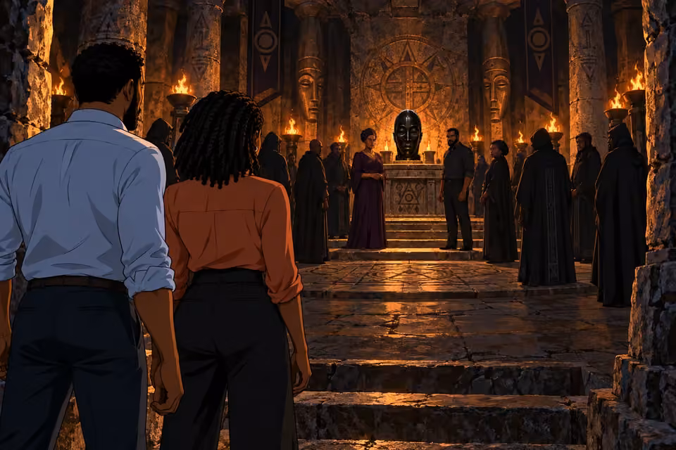 Torchlight fills the underground chamber before the confrontation.