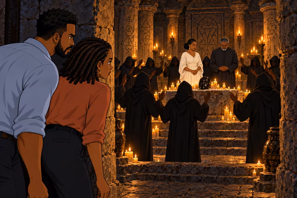 Timi and Kemi face Adaeze and Chidi at the ritual altar.