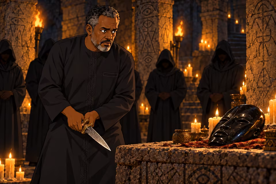 Chidi clutches a ceremonial dagger.