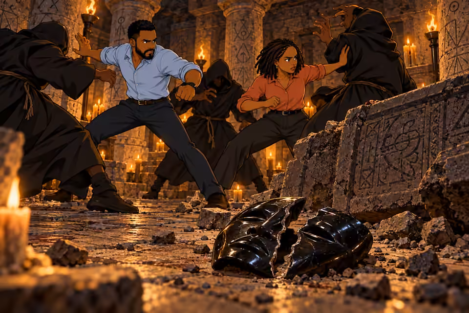 The altar overturns and the obsidian mask cracks.