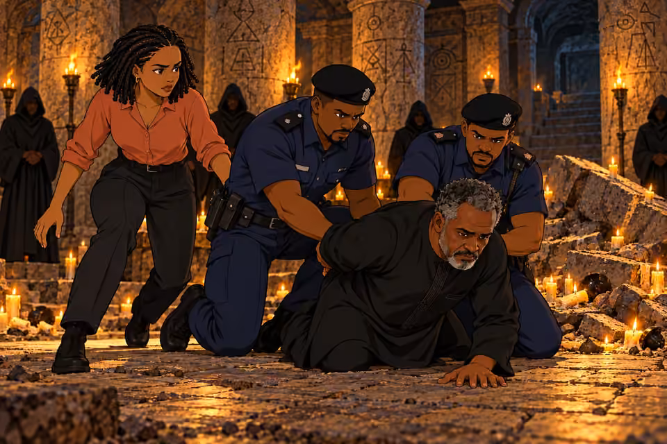 Kemi trips Chidi and the police apprehend him.