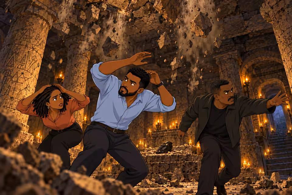 Stones fall as the chamber begins to collapse.
