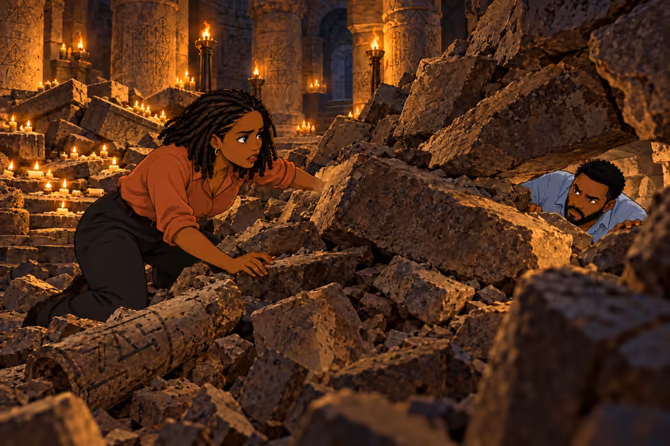 A fallen wall of rubble separates Timi and Kemi.