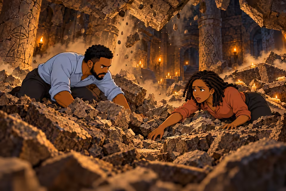 Timi and Kemi struggle to escape through the dust.