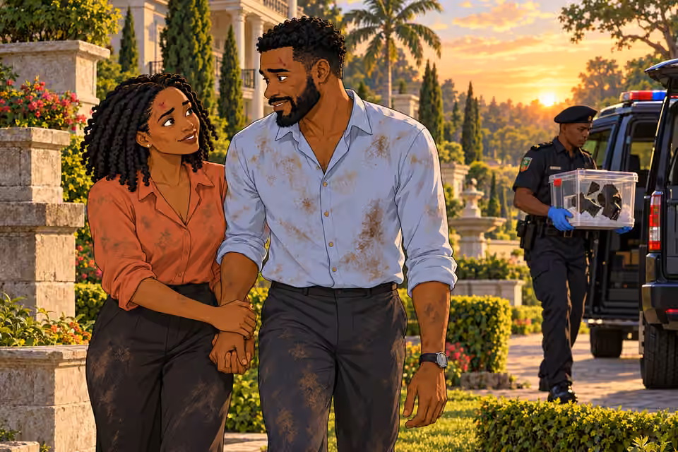 Kemi reassures Timi as officers secure the mask.
