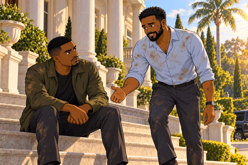 Timi approaches Dayo on the estate steps.