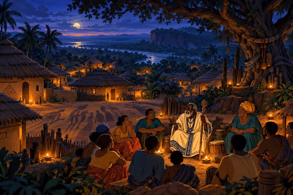 Cartoon twilight view of Nkasiobi, where villagers gather by lamplight beneath the shadow of an ancient sacred tree.