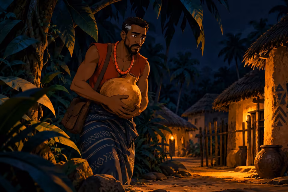 Cartoon Eze emerges alone from dense foliage on a moonless night carrying a heavy calabash of offerings.