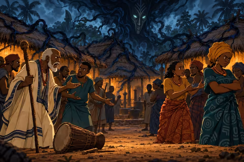 Cartoon villagers argue across an empty square while Ogbonye’s shadow grips the thatched rooftops.