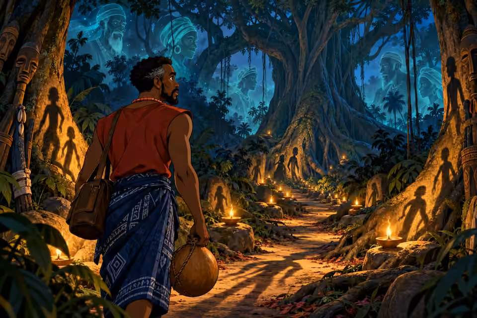 Cartoon Eze follows an oil-lamp path into the sacred grove as ancestral spirits whisper among ancient trees.