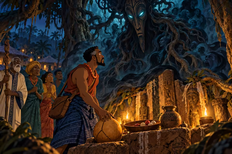 Cartoon Ogbonye emerges from twisted roots behind a shrine of kola nuts and palm wine as Eze watches.