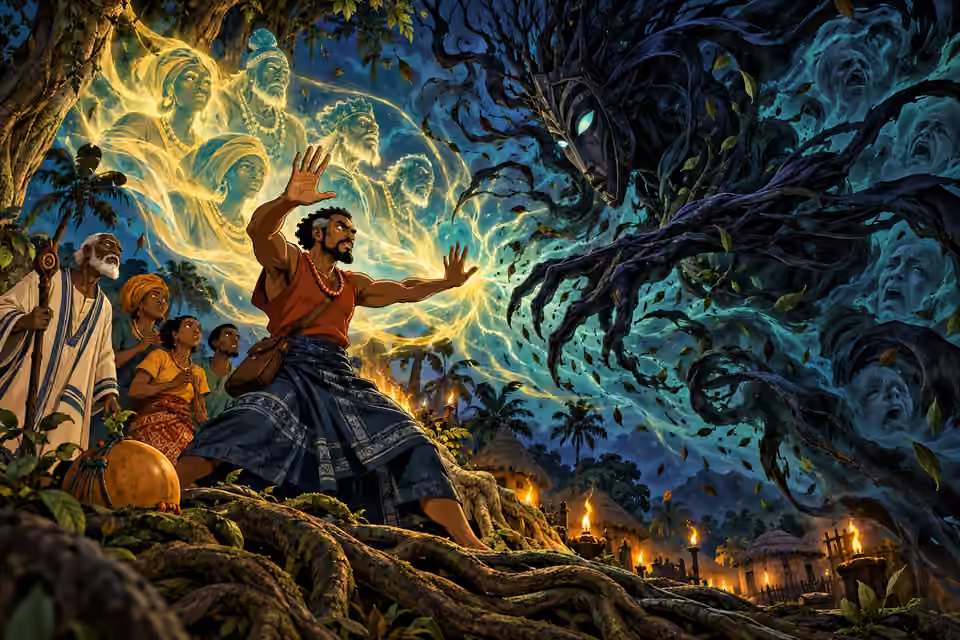 Cartoon Eze invokes his ancestors in a glowing battle of wills against Ogbonye in the sacred grove.