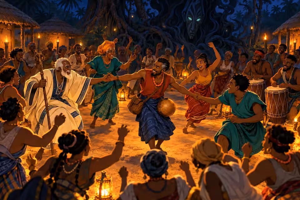 Cartoon elders and young villagers join Eze in a sacred circle dance to restore their unity.