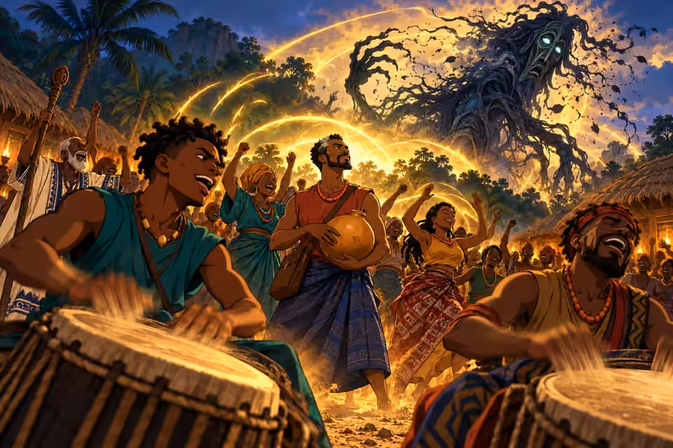 Cartoon drummers and united villagers drive Ogbonye back as the shadow spirit unravels above the grove.