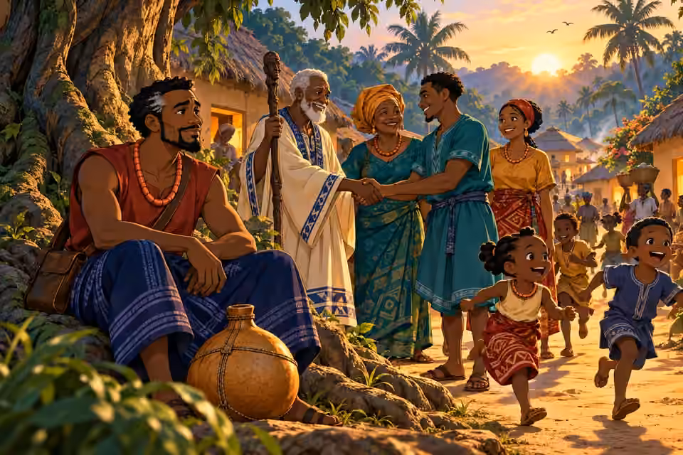 Cartoon Eze rests as Nkasiobi’s guardian at dawn while villagers reconcile and children laugh in the sun.