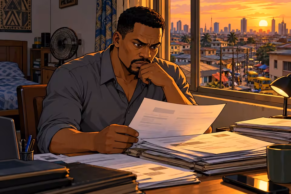 Kunle studies documents in his Surulere apartment at sunset.