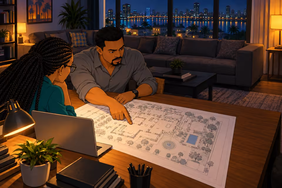 Kunle slides the mansion blueprint toward Amina.