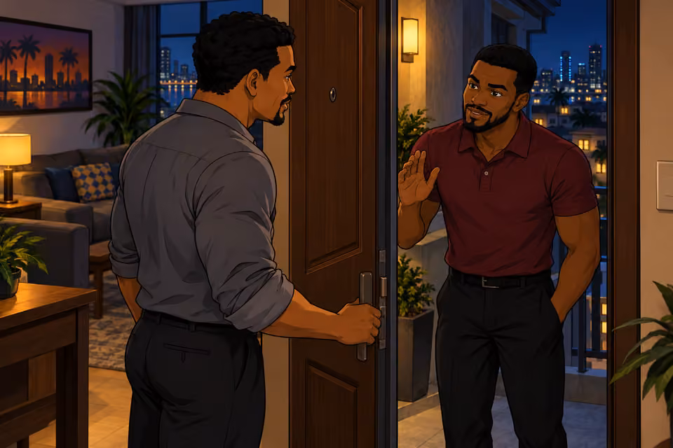 Kunle opens the door to Tunde.