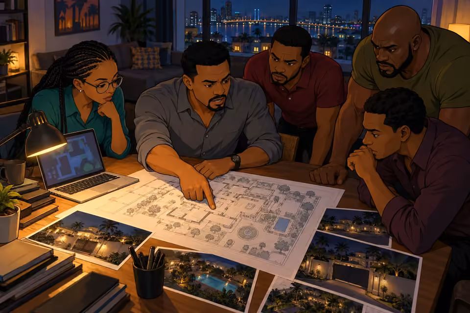 Kunle's team gathers around the blueprint under a desk lamp.