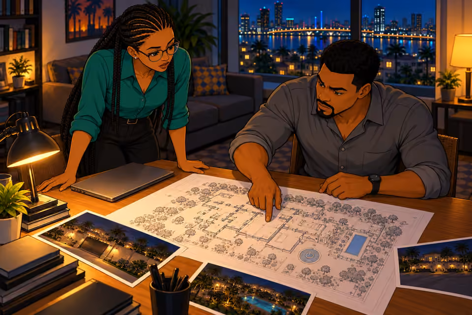 Kunle points out the hidden vault on the blueprint.