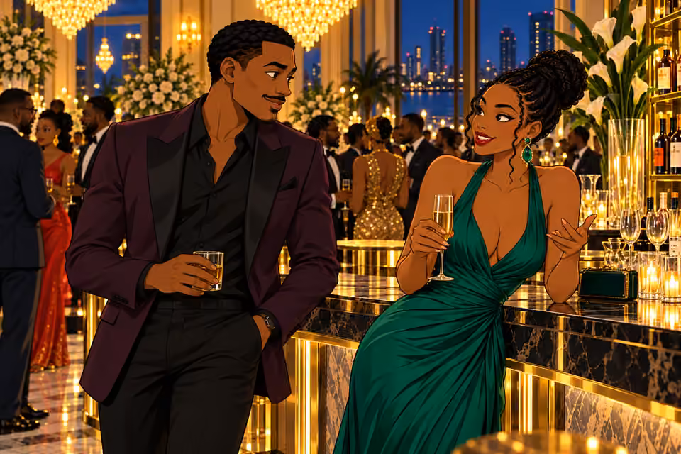Femi gets closer to Sade at a society party.