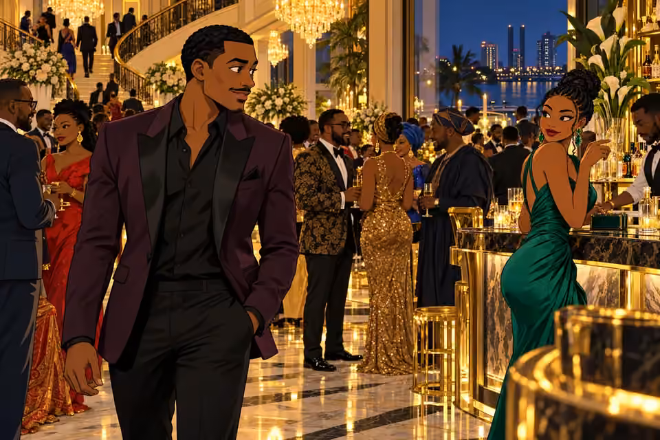 Femi searches for Sade among the guests at Olumide's party.