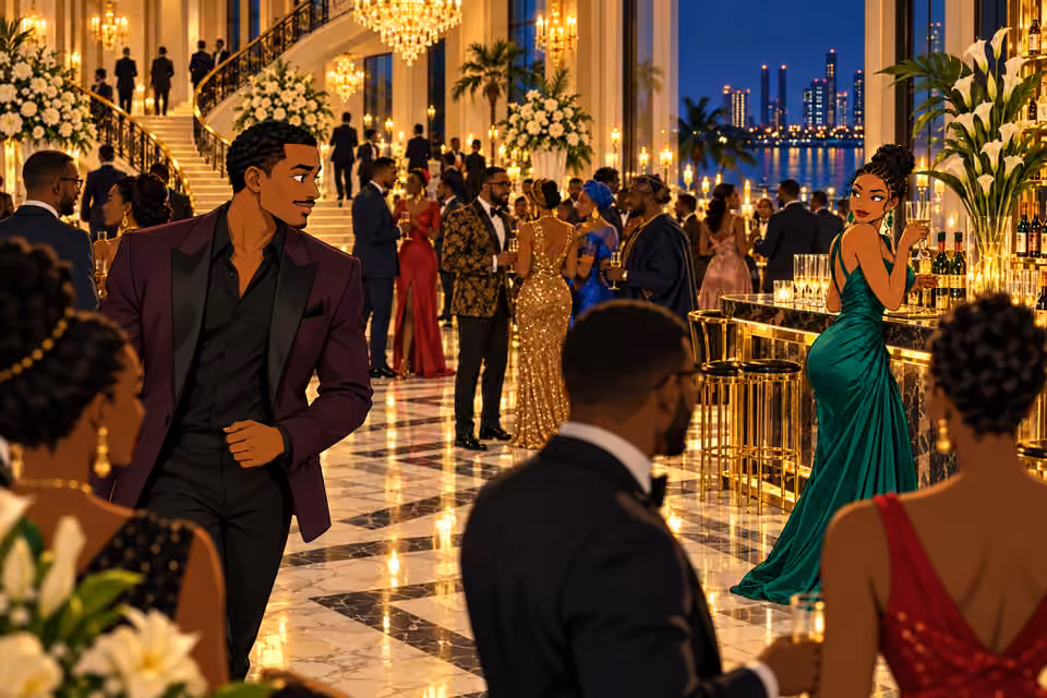 Femi spots Sade across the crowded mansion reception.