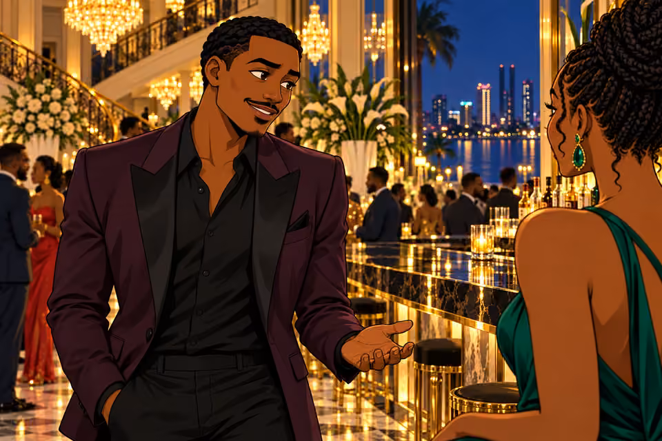 Femi laughs lightly during their conversation.