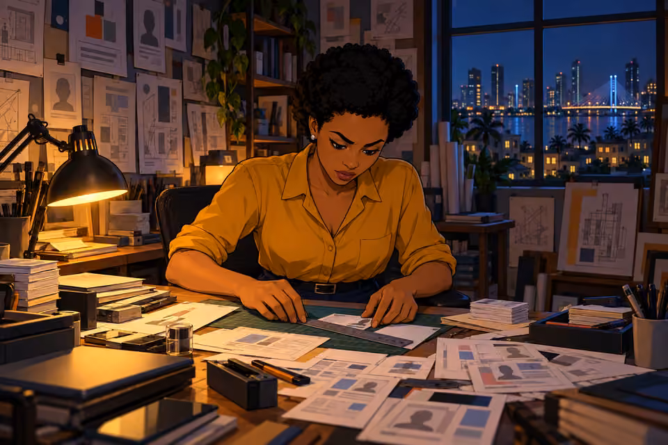 Chioma works late on the documents in her studio.
