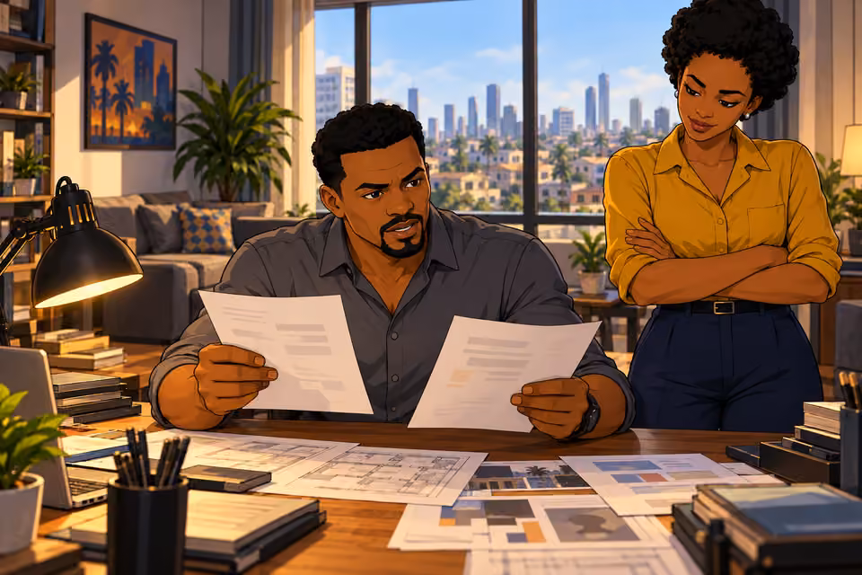 Kunle examines Chioma’s work with approval.