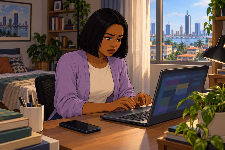 Bola hesitates at her computer as doubts grow.
