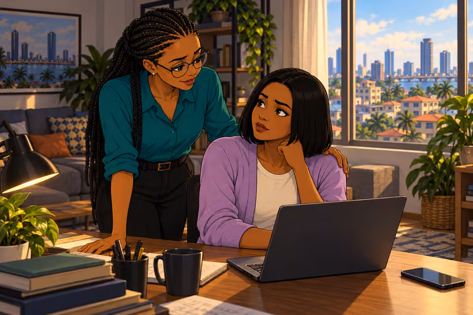 Amina places a reassuring hand on Bola’s shoulder.