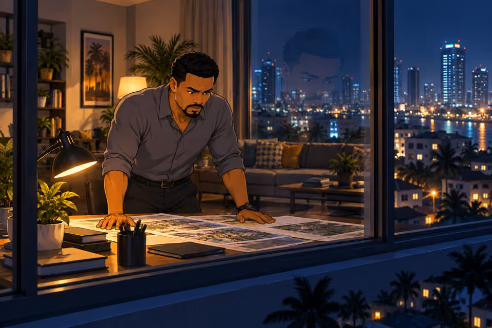 Kunle pauses over the plans as night settles on Lagos.