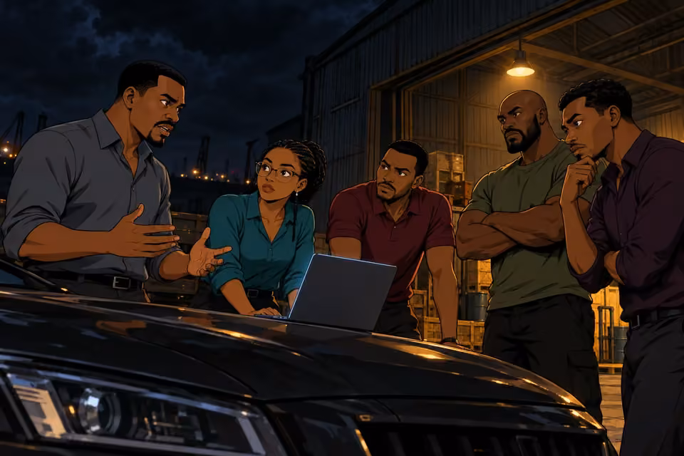 Kunle's team assembles at a warehouse on a moonless night.