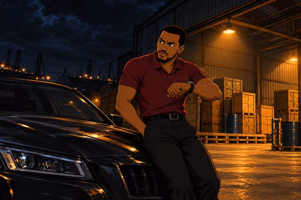 Tunde checks the time beside the car.