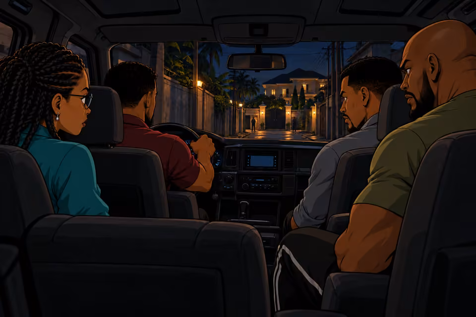 Tunde drives the team through dark back streets.