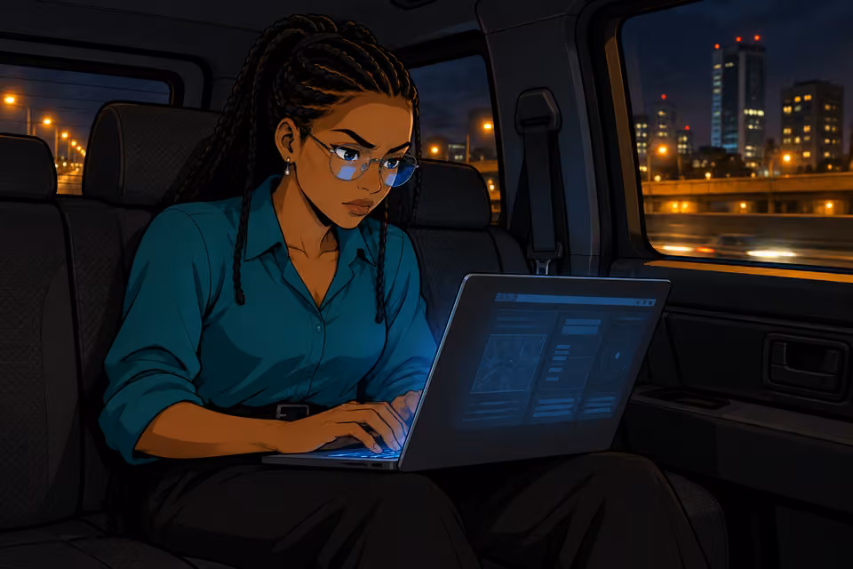 Amina works at her laptop inside the van.
