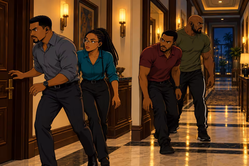 Kunle and Amina head for the study while the others keep watch.