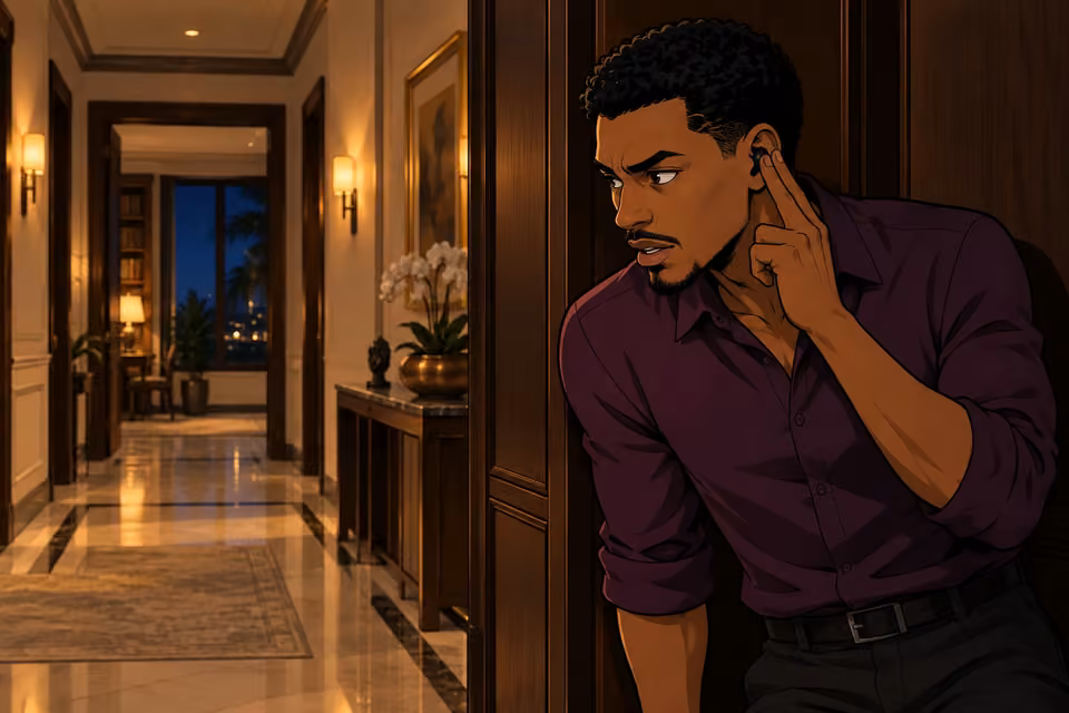 Femi quietly gives directions from inside the mansion.