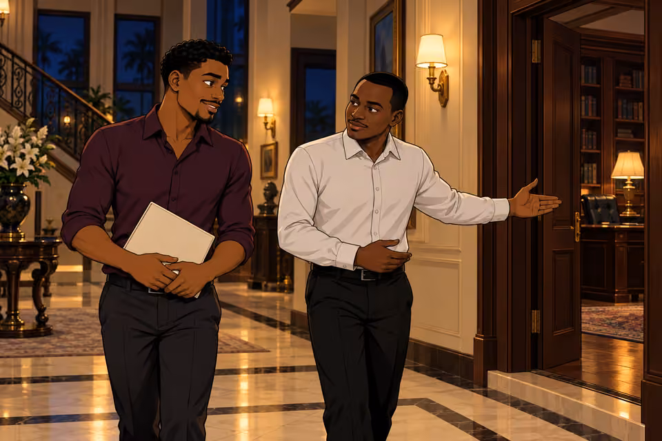 Femi carries documents past the mansion staff.
