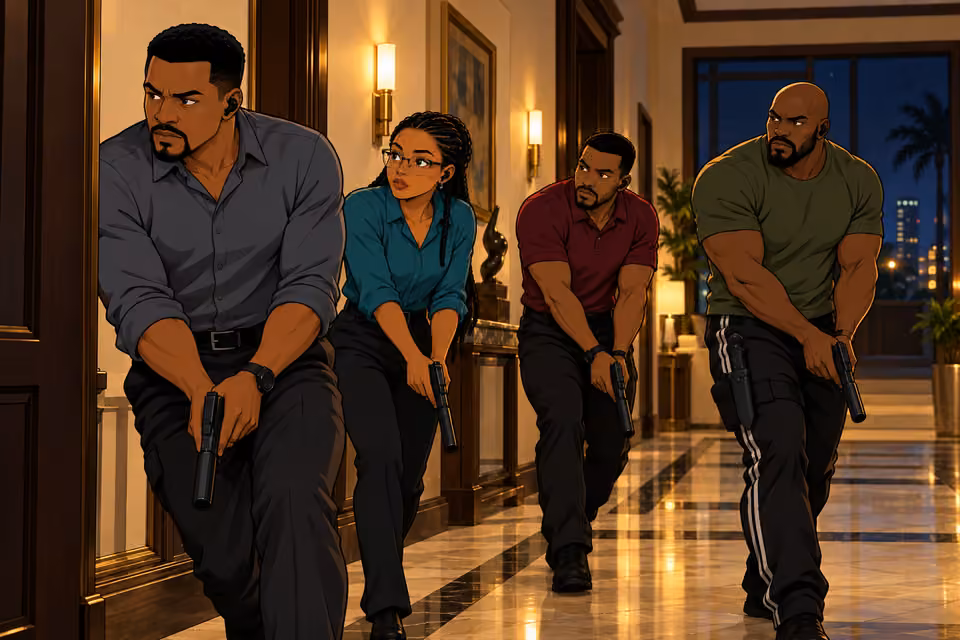 The team advances cautiously through the mansion.