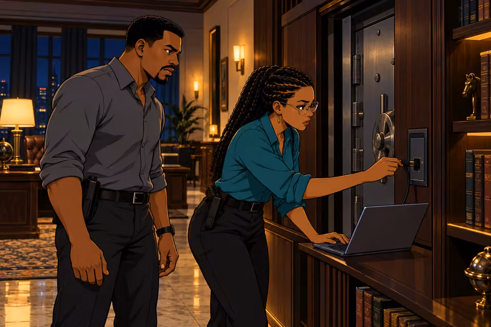 Amina connects her laptop beside the hidden vault.