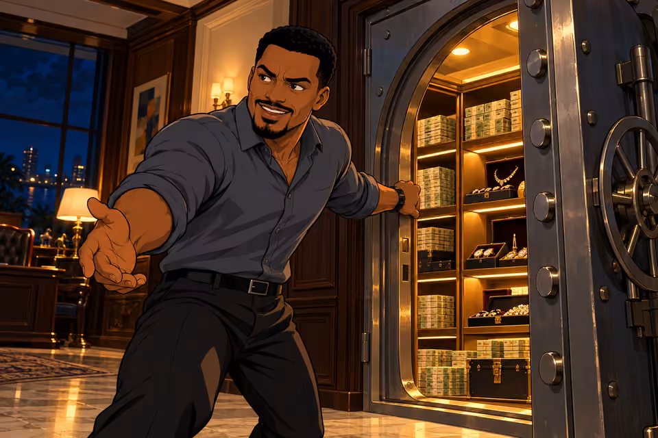 Kunle reacts as the vault opens.