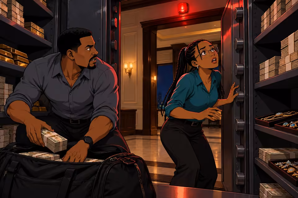 A sudden alarm interrupts the vault search.