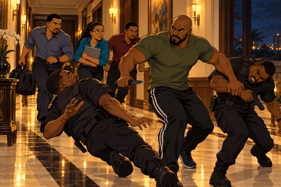 Musa holds off the guards while his teammates escape.